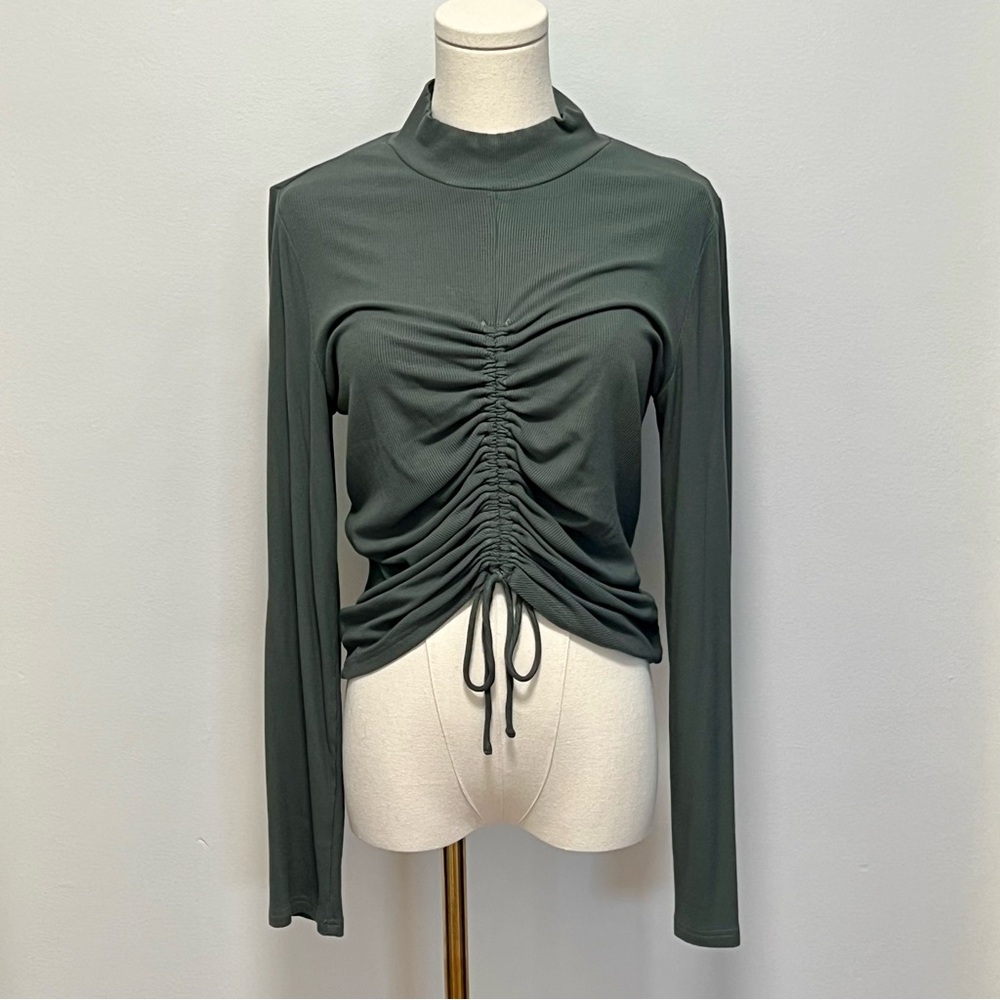 Heatherly Green Ruched Long Sleeve Mock Neck Top